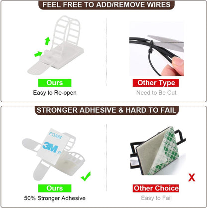50Pcs Adhesive Cable Management Clips with 50Pcs Zip Ties, Adjustable Nylon Cable Strap Ties Wire Clips Clamps Organizer with Strong Adhesive Tape, Extra Screw & Hole - 3.35 Inch Black