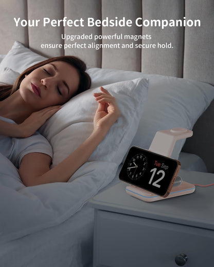 Charging Station for iPhone and Apple Watch: 3 in 1 Wireless Phone Charger Stand for iPhone 17 16 15 14 13 12 11 Pro Max & AirPods, Bedside Nightstand Docking
