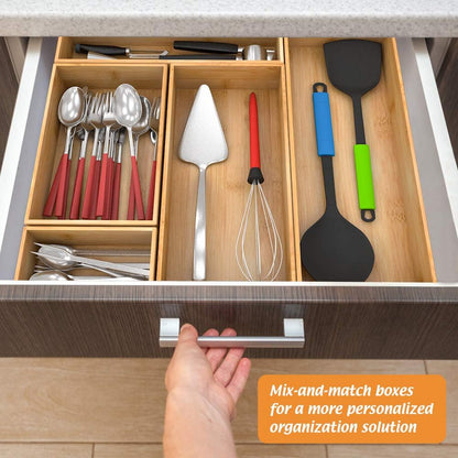 Black Bamboo Drawer Organizer - Silverware&Utensil Holder Organizer for Kitchen Drawers, Multi-Use Drawer Dividers Boxes for Bathroom Counter，Cabinet, Garage, Office Desk, Makeup, Jewelry (12"3"2.5")