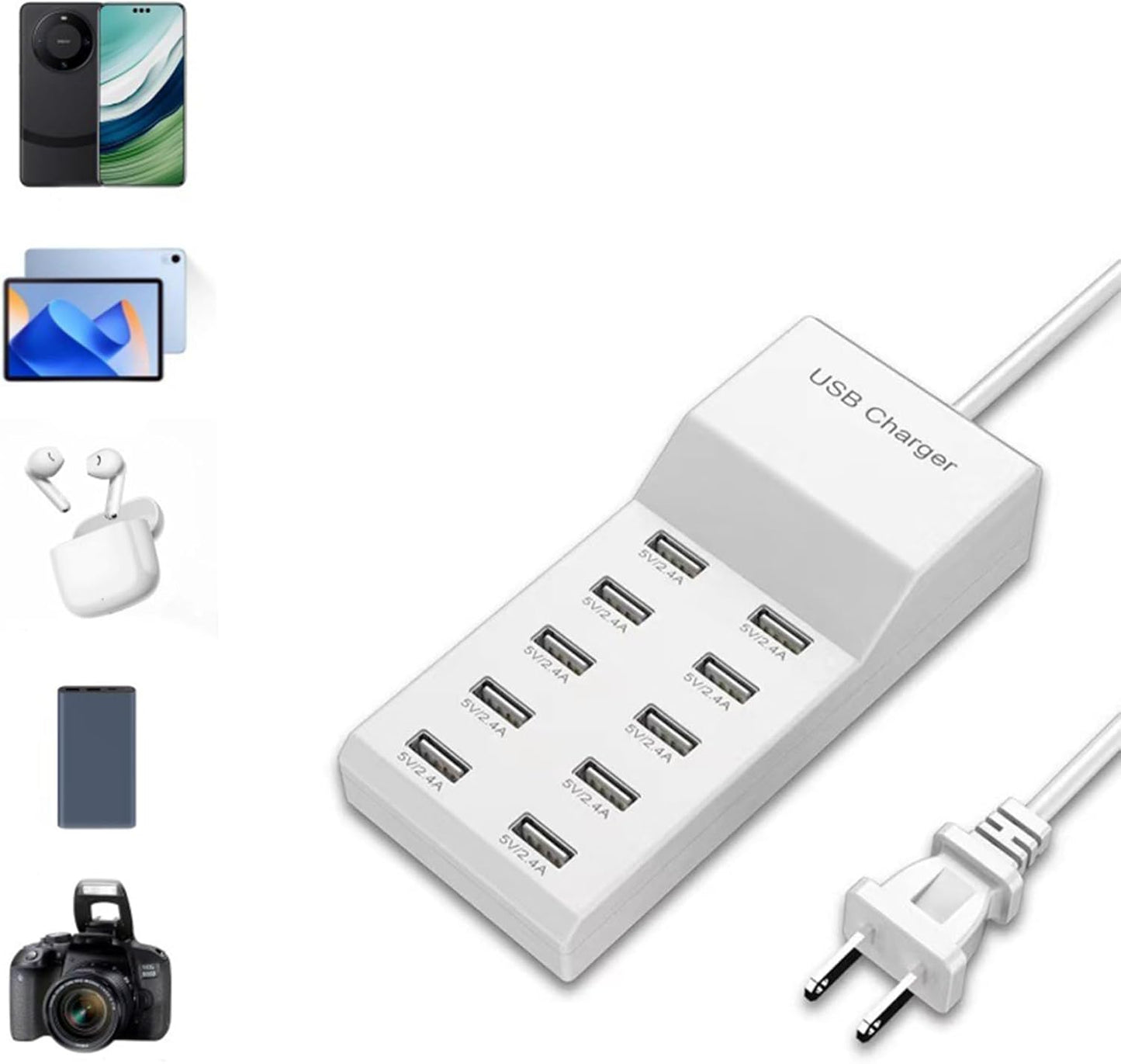 Desk USB Charger, 10 Port USB Charging Station, USB Wall Charger Station with USB-A, Organizer Charging Dock, Charger Power Adapter for Multiple Devices(US Plug)