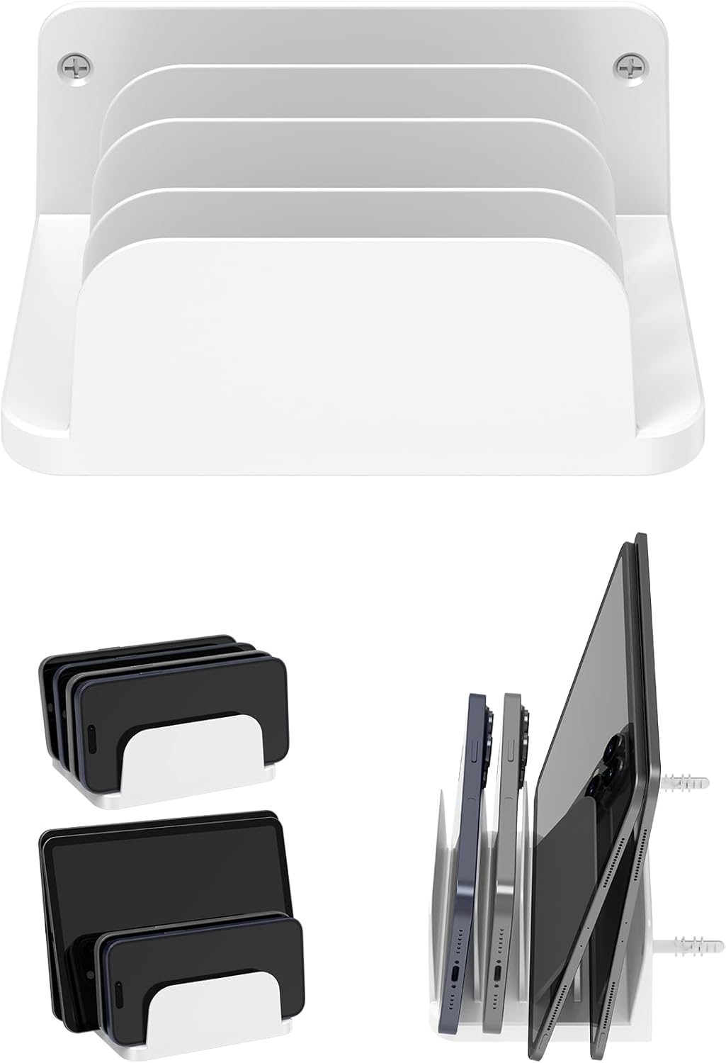 Phone Wall Mount Storage Organizer, Compatible with iPhone and Android, Holds Four Phones or Tablets at Once Charging Holder Station Fit for ipad, Kindle and More (Black)