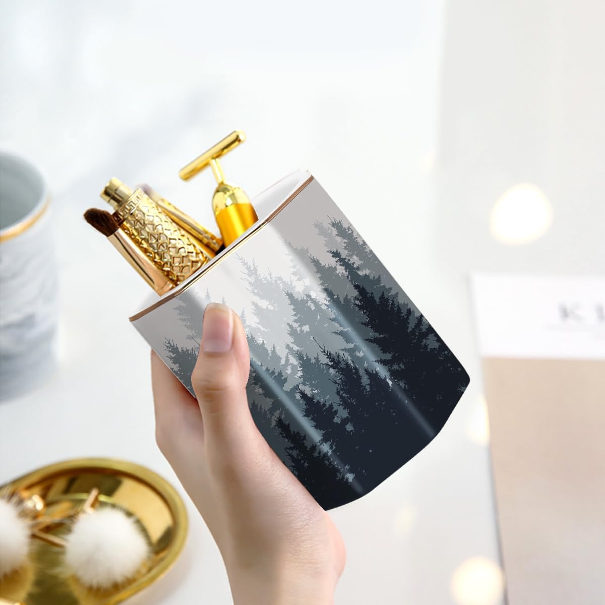 WAVEYU Ceramic Pen Holder for Desk Cute, Pencil Cup Pot Desk Organizer, Makeup Brush Holder for Women, Men, Kids, Desk Marble Decor for Office, Classroom, Home, Gray Golden