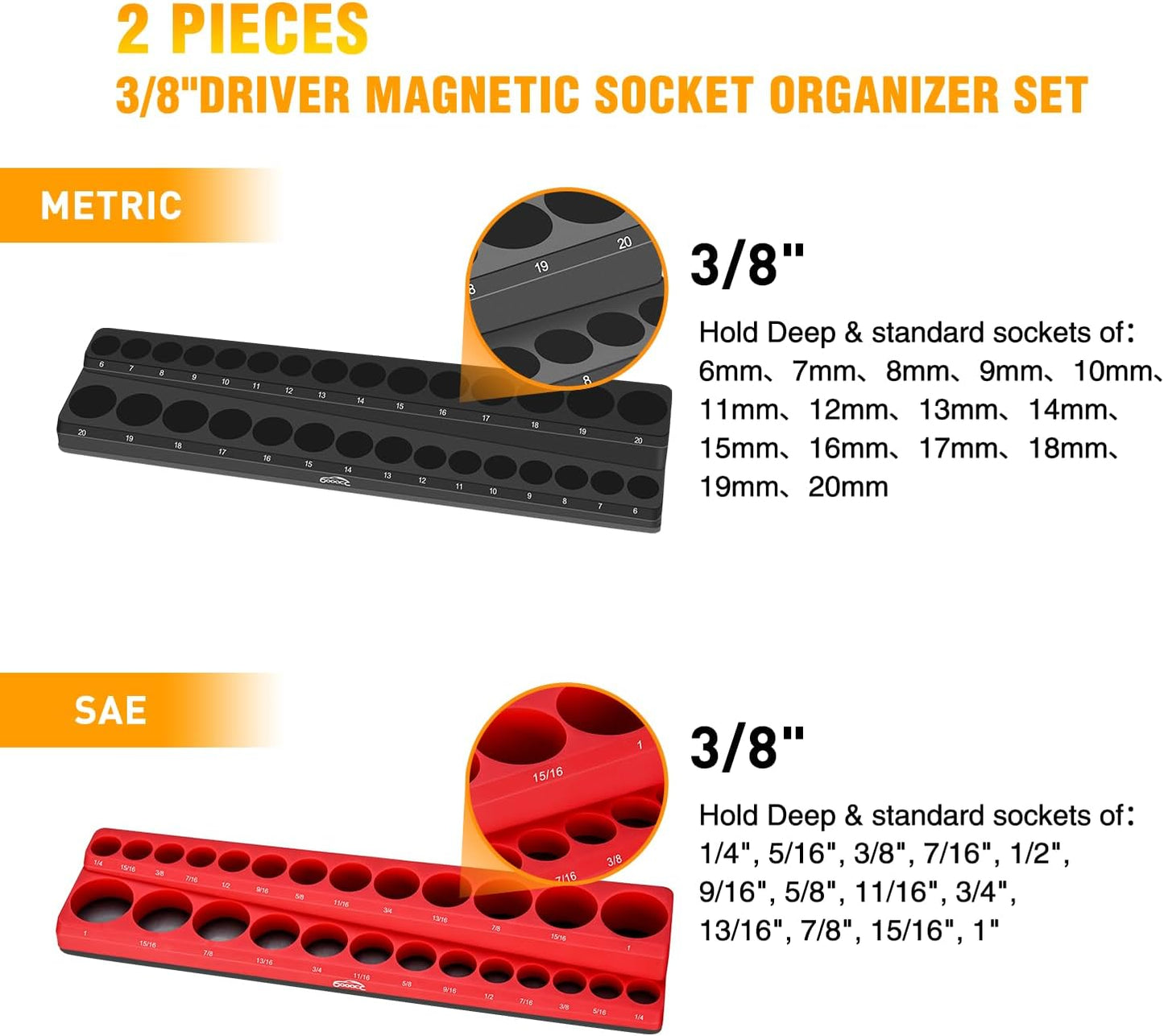 GOOACC 1/4" Magnetic Socket Organizer, 2 Pieces Socket Holder Metric SAE Socket Tray, 1/4 inch Socket Organizer Tray Holds 52 Standard Sockets for Tool Box Drawer