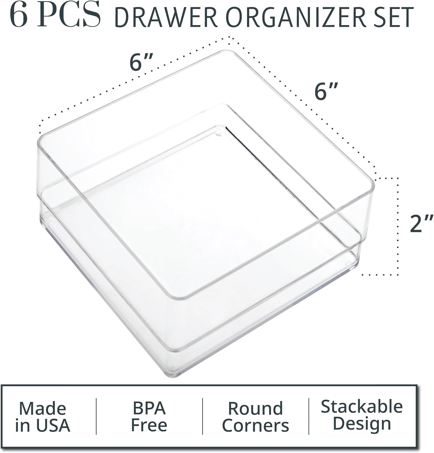 STORi SimpleSort 3-Piece Stackable Clear Drawer Organizer Set | 9" x 6" x 2" Rectangle Trays | Wide Makeup Vanity Storage Bins and Office Desk Drawer Dividers | Made in USA