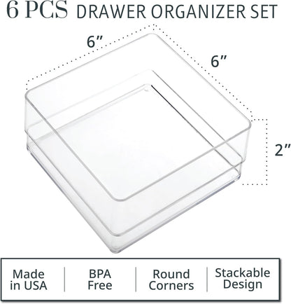 STORi SimpleSort 3-Piece Stackable Clear Drawer Organizer Set | 9" x 6" x 2" Rectangle Trays | Wide Makeup Vanity Storage Bins and Office Desk Drawer Dividers | Made in USA