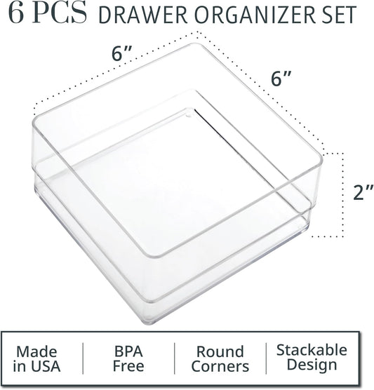 STORi SimpleSort 3-Piece Stackable Clear Drawer Organizer Set | 9" x 6" x 2" Rectangle Trays | Wide Makeup Vanity Storage Bins and Office Desk Drawer Dividers | Made in USA