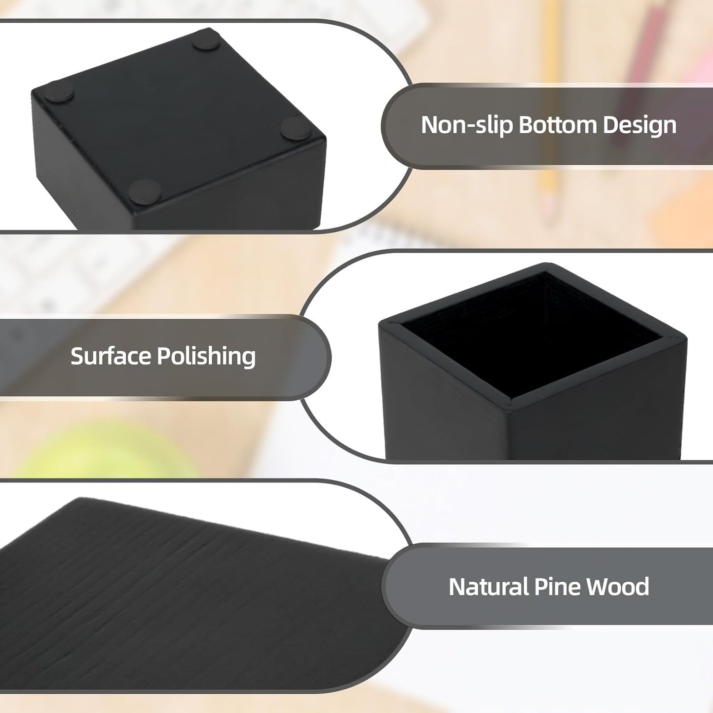 RAWILL 3 PCS Black Wooden Desk Organizer Set Pine Wood Office Desk Accessories with Pen Holder, Paperclip Storage and Sticky Note Holder, Wood Grain Clear, Ideal Gift for Office and Family