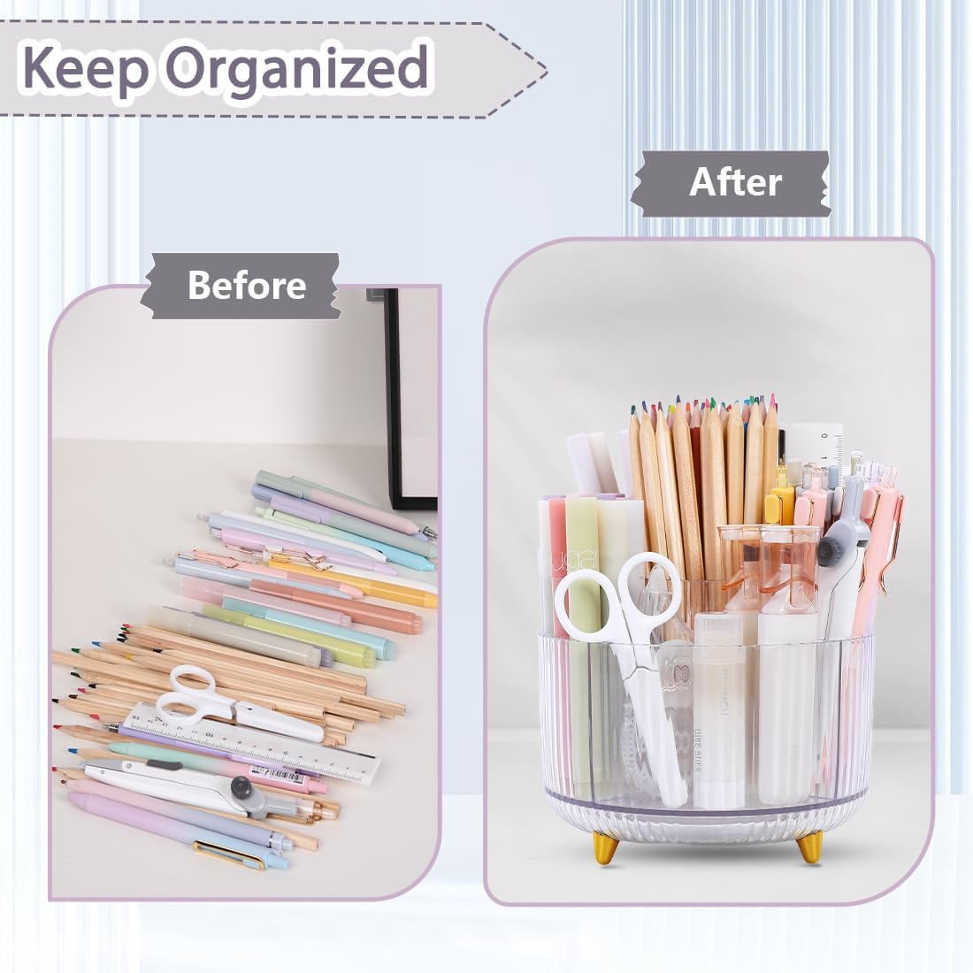 SKYDUE Rotating Pencil Pen Holder, Pen Organizer with 5 Slots - Aesthetic Desk Organizer and Accessories for School, Home, Office Supplies