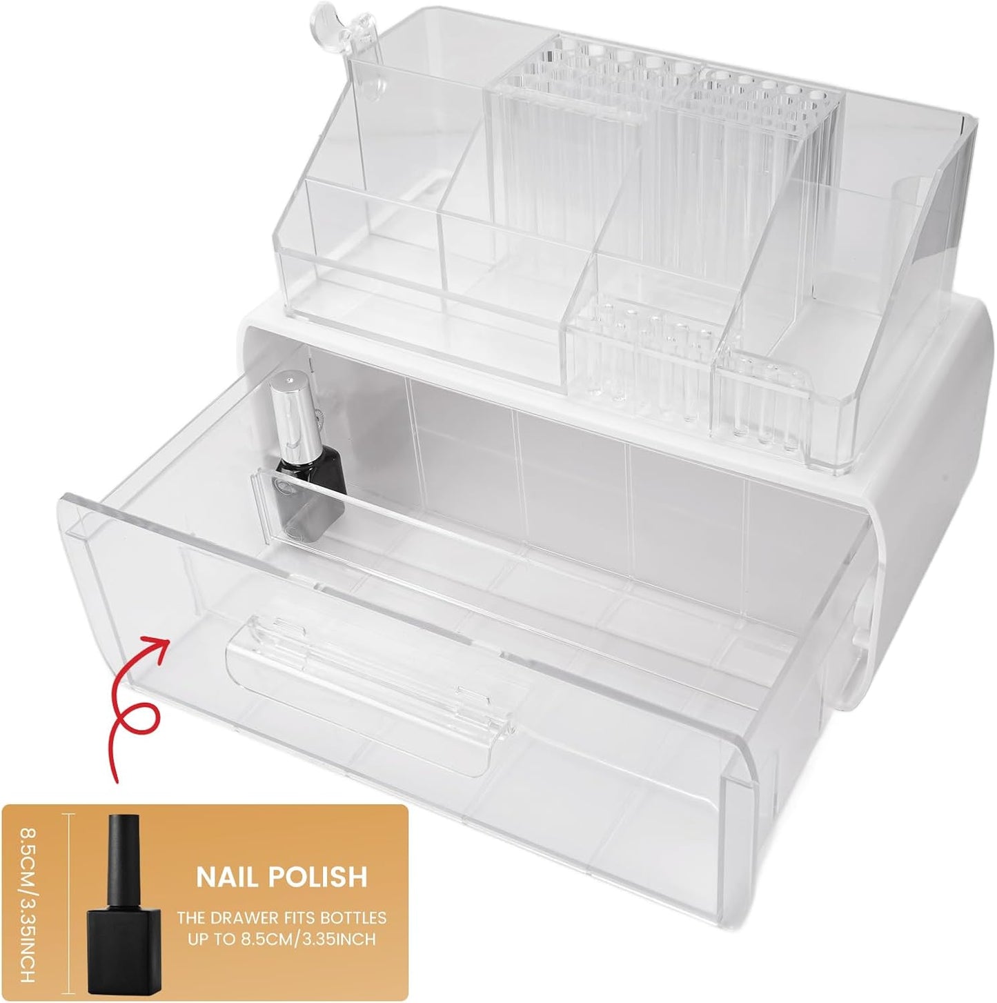 Wilfniee Nail Tech Desk Organizer Case: 2 Layers Nail Tech Organizers with Nail Polish Storage Drawer- 53 Holes Nail Drill Bits & Nail Brushes Pens Holder for Manicure Nail Supplies (Clear)