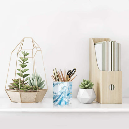 WAVEYU Ceramic Pen Holder for Desk Cute, Pencil Cup Pot Desk Organizer, Makeup Brush Holder for Women, Men, Kids, Desk Marble Decor for Office, Classroom, Home, Gray Golden