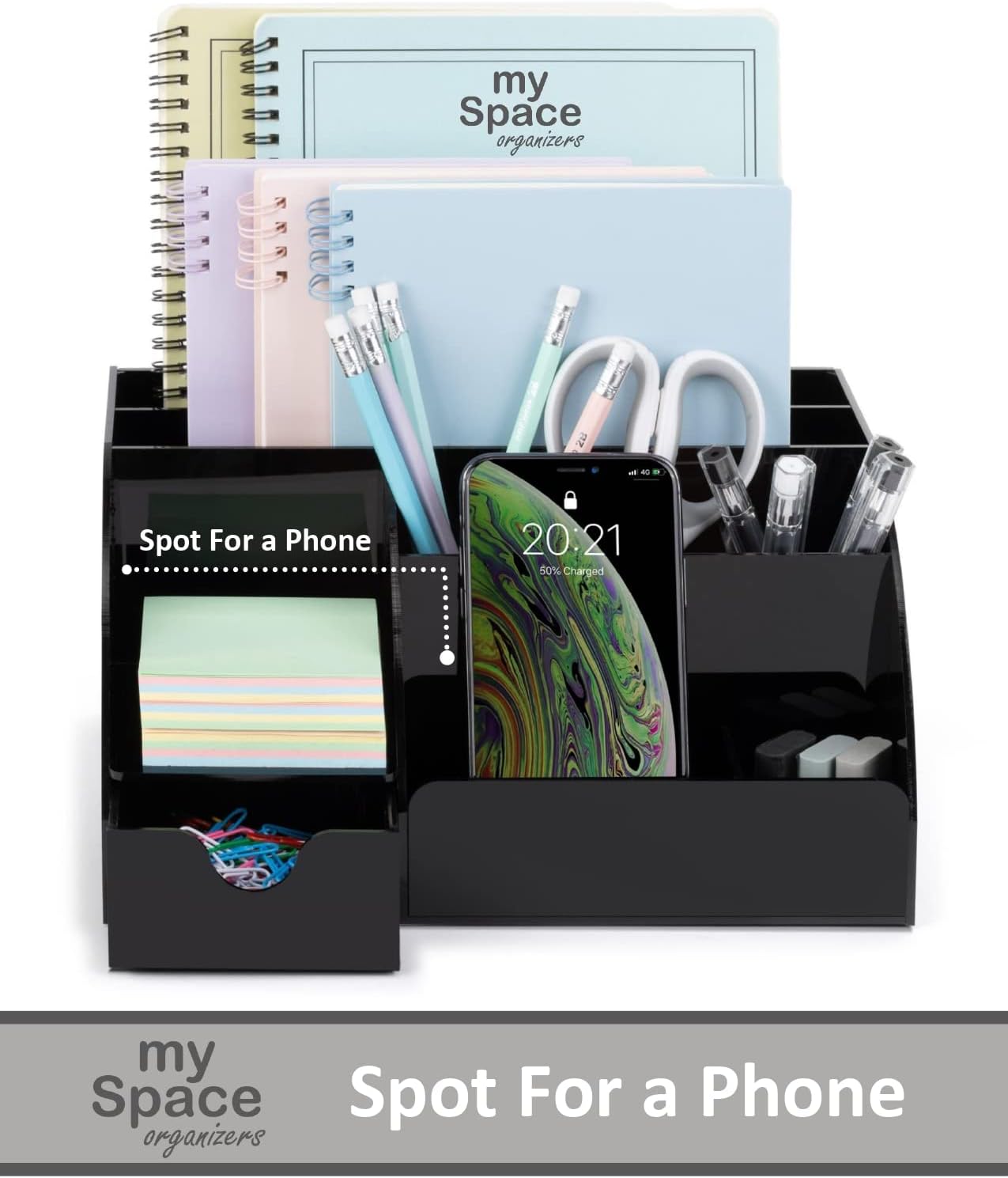 My Space Organizers Clear Acrylic Desk Oganizer, 9 Compartments, Office Supplies and Desk Accessories Organizer, Home Decor Desktop Organizer (Clear)