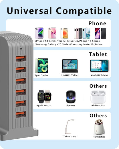 VPSUN USB Charger 6 Port 50W Multi USB Tower Charging Station for Multiple Devices iPhone 15/14/14 Pro/14 Pro Max/13 Pro/13 Pro Max/Android/Samsung/Tablet,etc (Black, 50W)