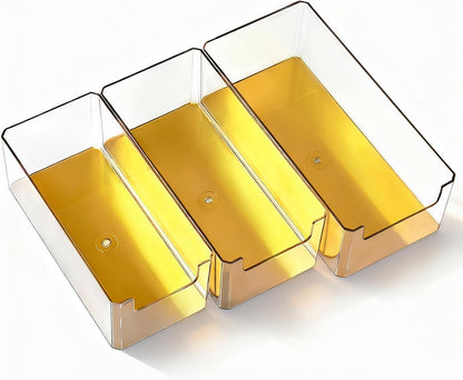 3pcs Plastic Drawer Organizer, 3 Sizes Desk Drawer Divider Organizers and Containers for Makeup, Jewerly, Kitchen drawer organizers, Bedroom, Bathroom, Office supply for storage (Gold)