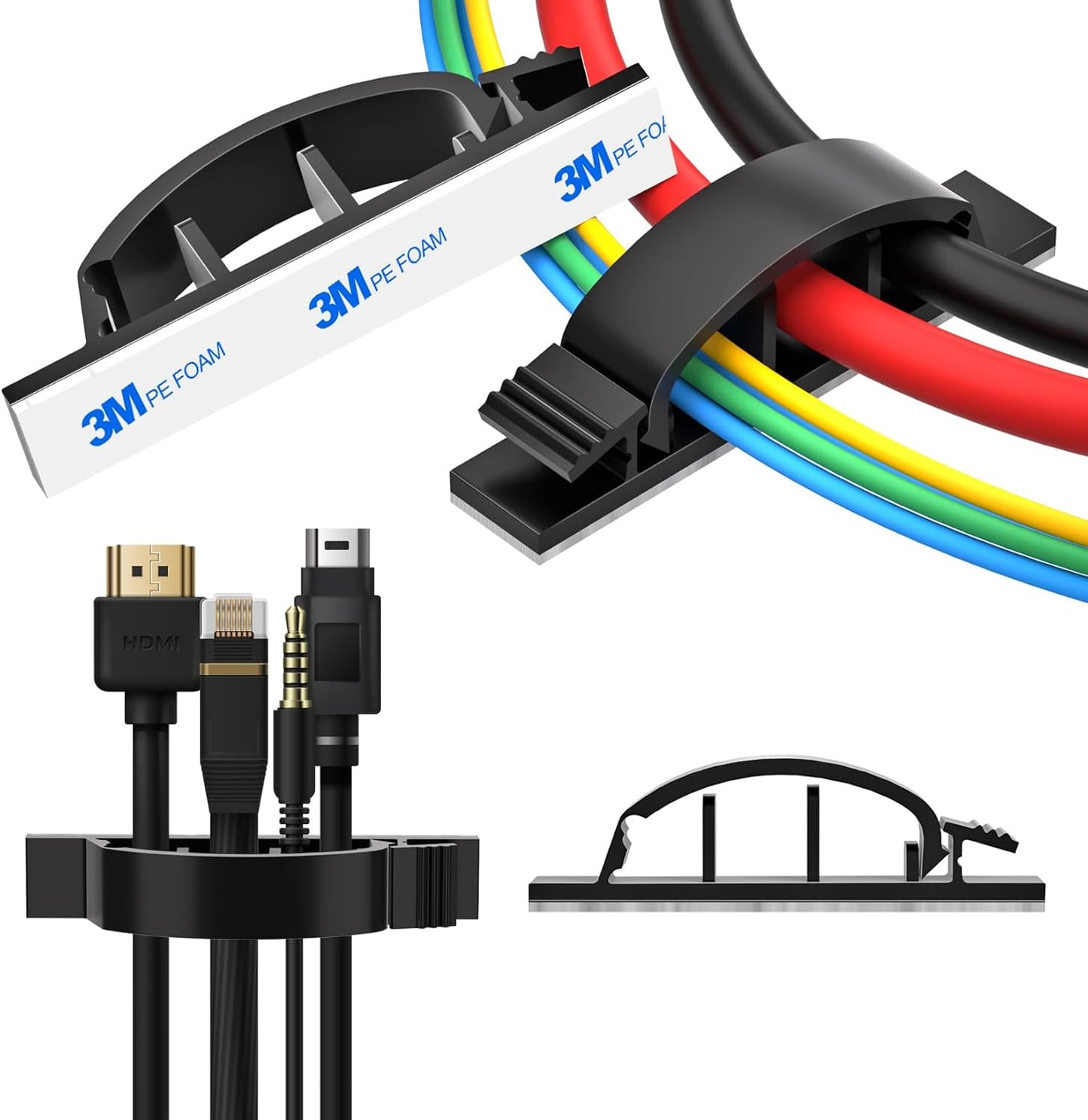 XHF 100pcs Adhesive Cable Wire Clips Black, Outdoor Cable Management Wire Organizer Cord Holder for Under Desk, Car, Wall, TV PC Ethernet Cable