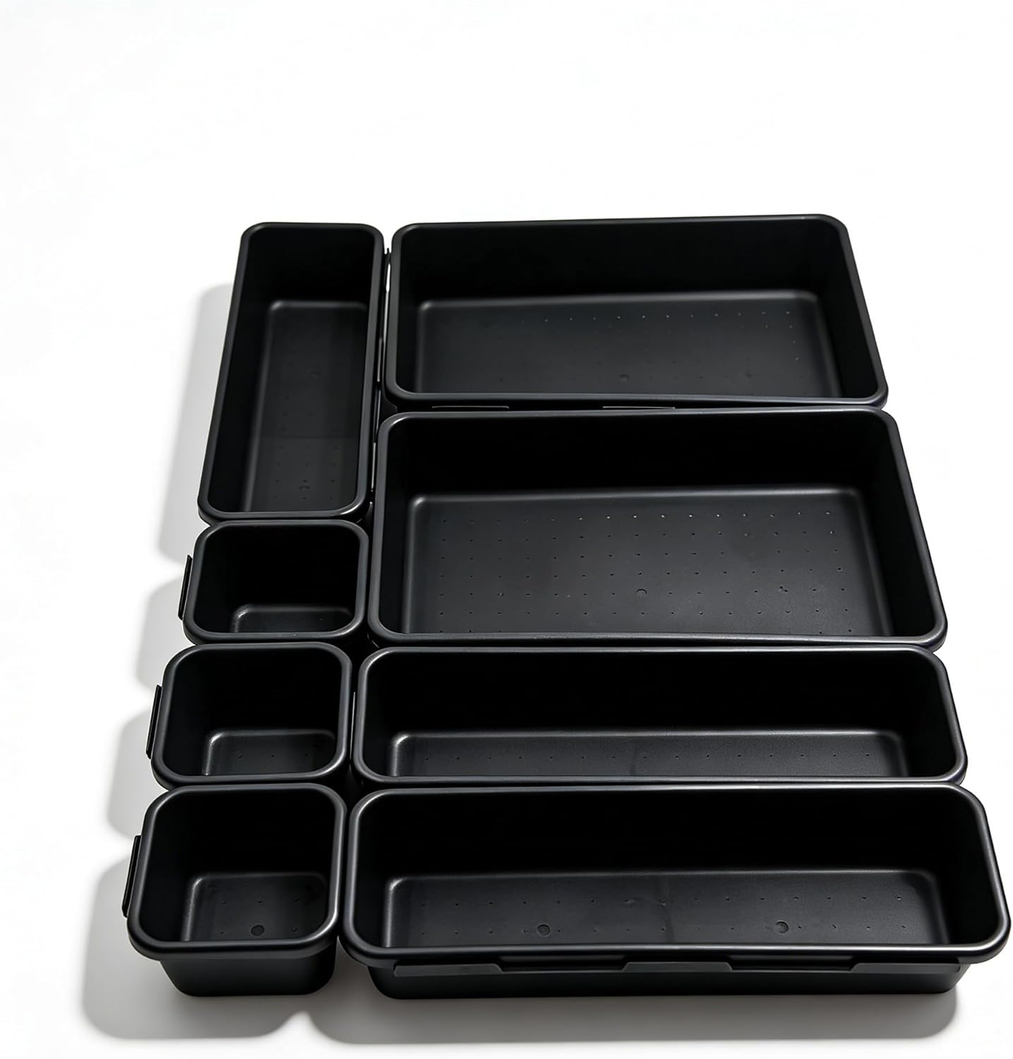 U-KIME 8-Piece Interlocking Drawer Organizer Trays, Black Plastic Modular Storage Bins for Kitchen, Bathroom, Office & Desk Drawers