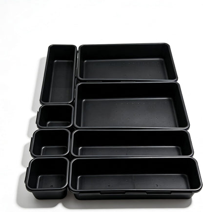 U-KIME 8-Piece Interlocking Drawer Organizer Trays, Black Plastic Modular Storage Bins for Kitchen, Bathroom, Office & Desk Drawers