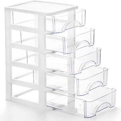 Hedume Desktop Drawer, Clear 5 Drawer Desktop Storage Unit, White Frame with Clear Drawers, Drawer Unit