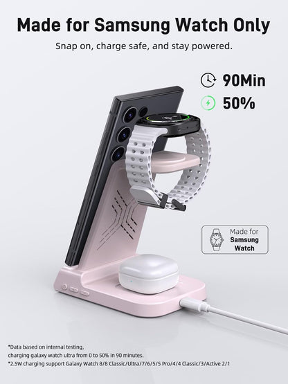 Wireless Charger for Samsung Charging Station: 3 in 1 Android Charging Stand with Dimmable Clock - Nightstand Organizer for Galaxy S25 Ultra, Galaxy Watch 8 7 6 5 4, Galaxy Buds, Space-Saving Charger