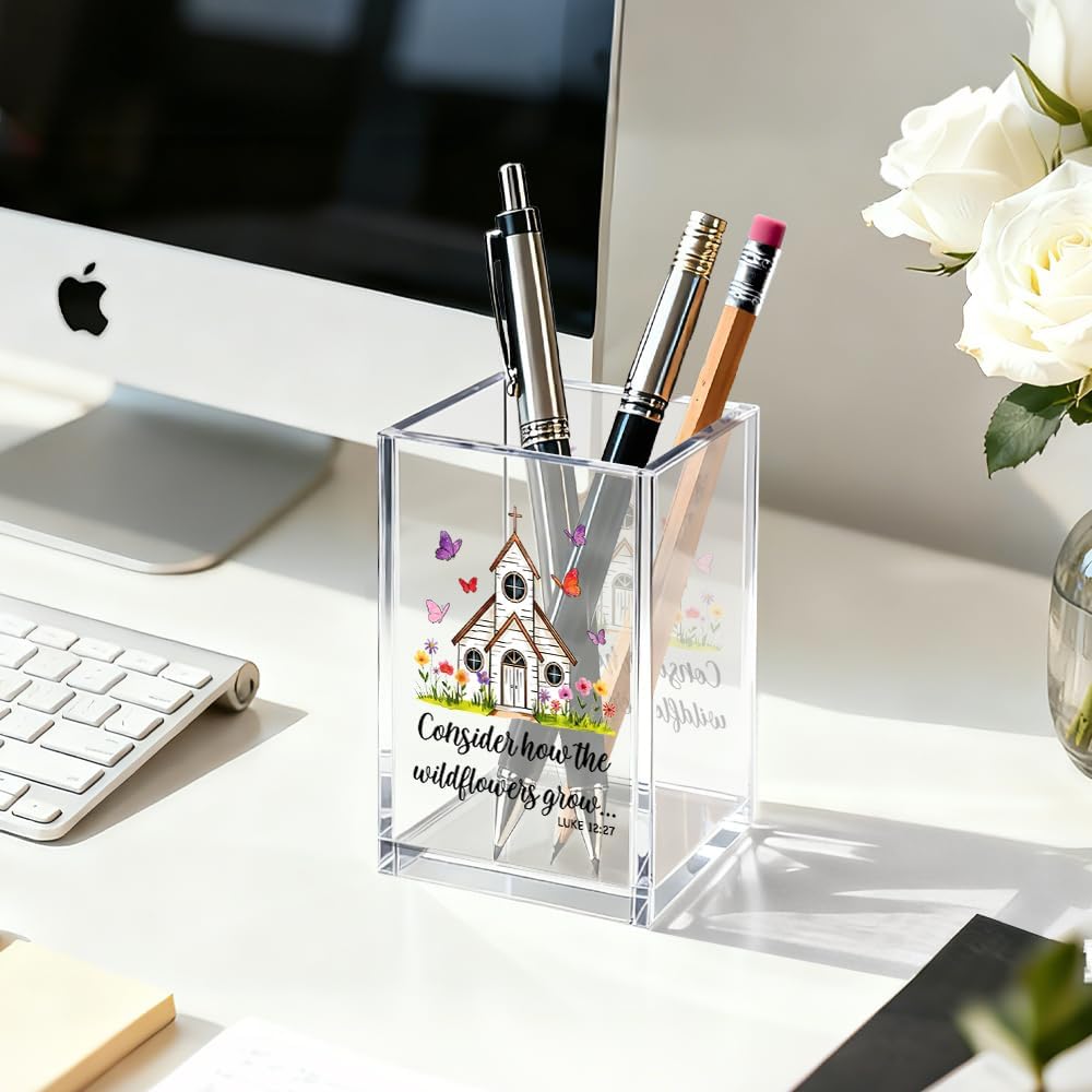 Just Breathe Acrylic Cosmetic Organizer Pen Holder, Anxiety Relaxing Acrylic Desk Holder Cup for Pen Pencil, Dandelion Desk Organizer, Mental Health Office Gifts for Coworker Leader Friend