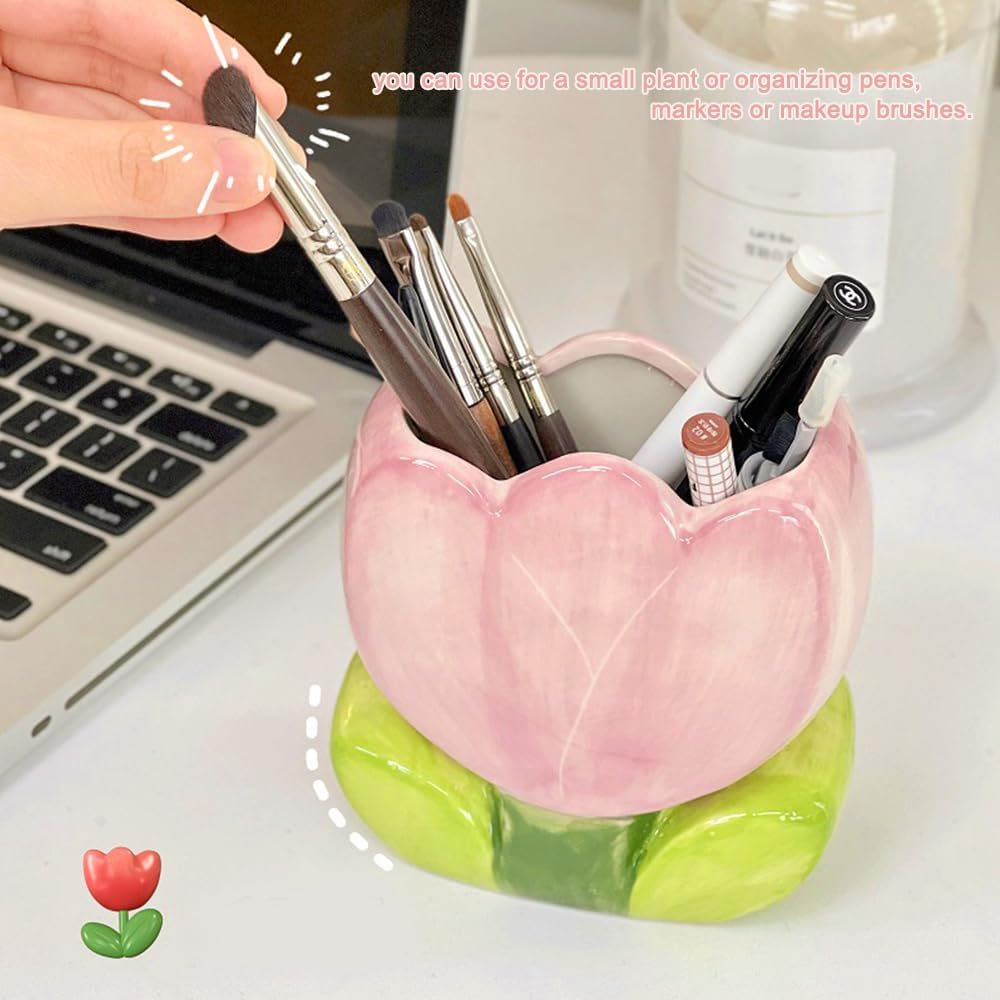 Ceramic Pen Holder for Office Desk, Pink Makeup Brush Holder, Cute Pencil Holder Tulips Home Decor Birthday Gifts for Women Vanity Toothbrush Holder Kawaii Kitchen Utensil Holder