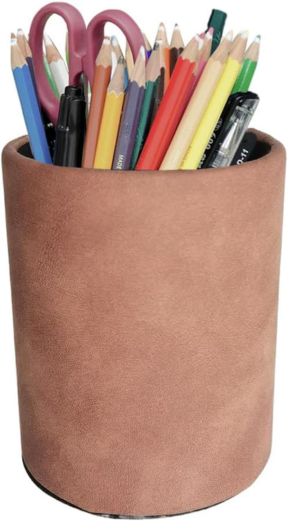 Leather Pen Holder, Brown Pencil Holder, Desktop Elegant Pen Holder for Desk, Stationery Organizer for School Office Home Dorm (3.3" x 3.3" x 4", Brown)
