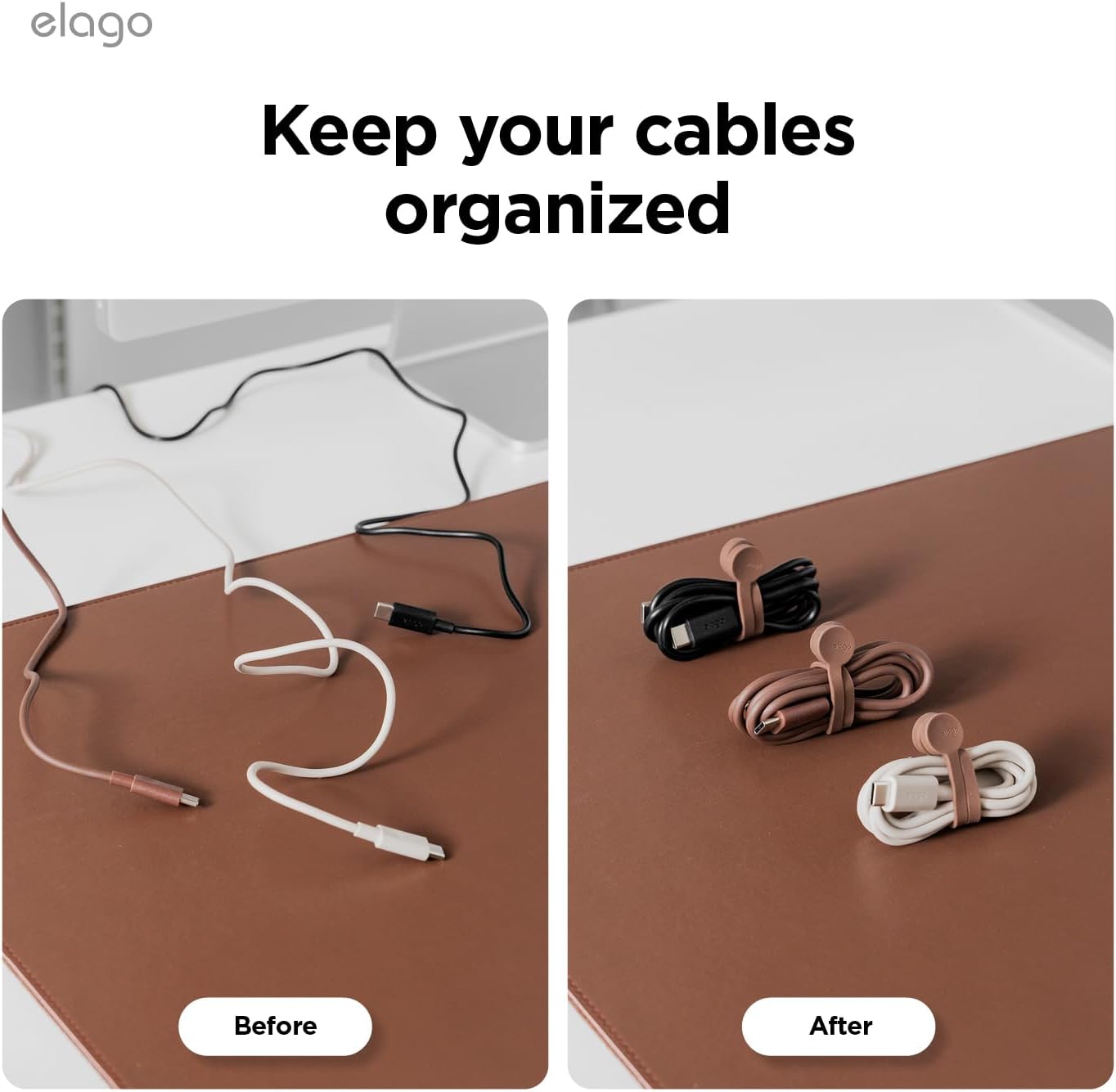 elago 3 Pack Magnetic Cable Ties, Premium Silicone Cord Organizer, Reusable Strong Magnet Cable Organizer, Elegant Desk Management Solution (Brown)