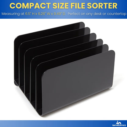 1InTheOffice Inclined Desktop File Organizer, Plastic Desk File Sorter for Documents, Space-Saving, Black, 5 Compartments