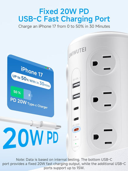 Surge Protector Power Strip - Desk Charging Station with 15W Wireless Charger, Multiple Outlets Charging Station with 16 2300J AC Outlets & 5 USB (2 USB C) Port, for Home, Office, Dorm Room