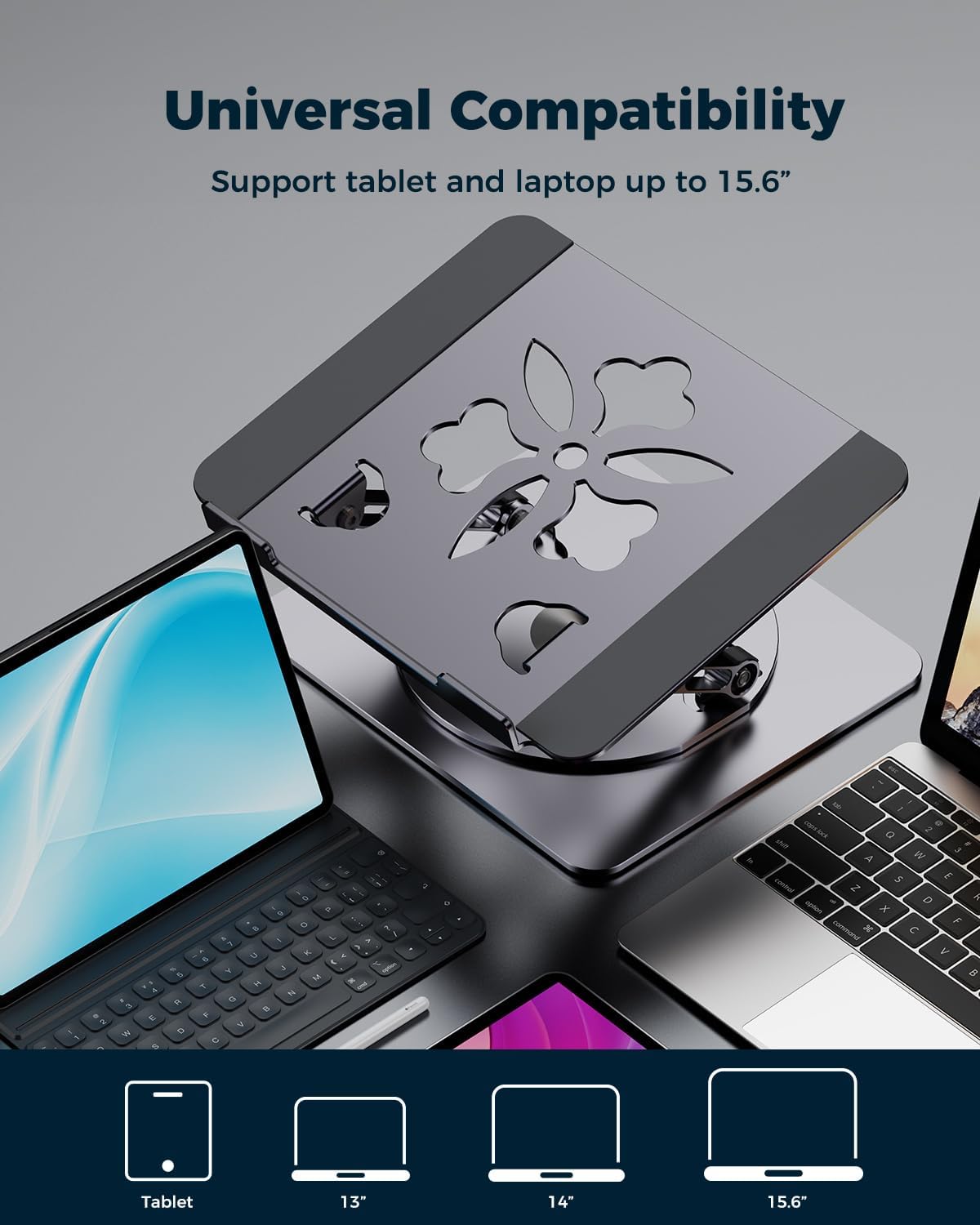 Aoviho 360° Rotating Laptop Stand for Desk | Adjustable, Foldable, Portable Aluminum Ergonomic Riser | Compatible with MacBook, Dell, HP & All Laptops 10-16 inch | Gray