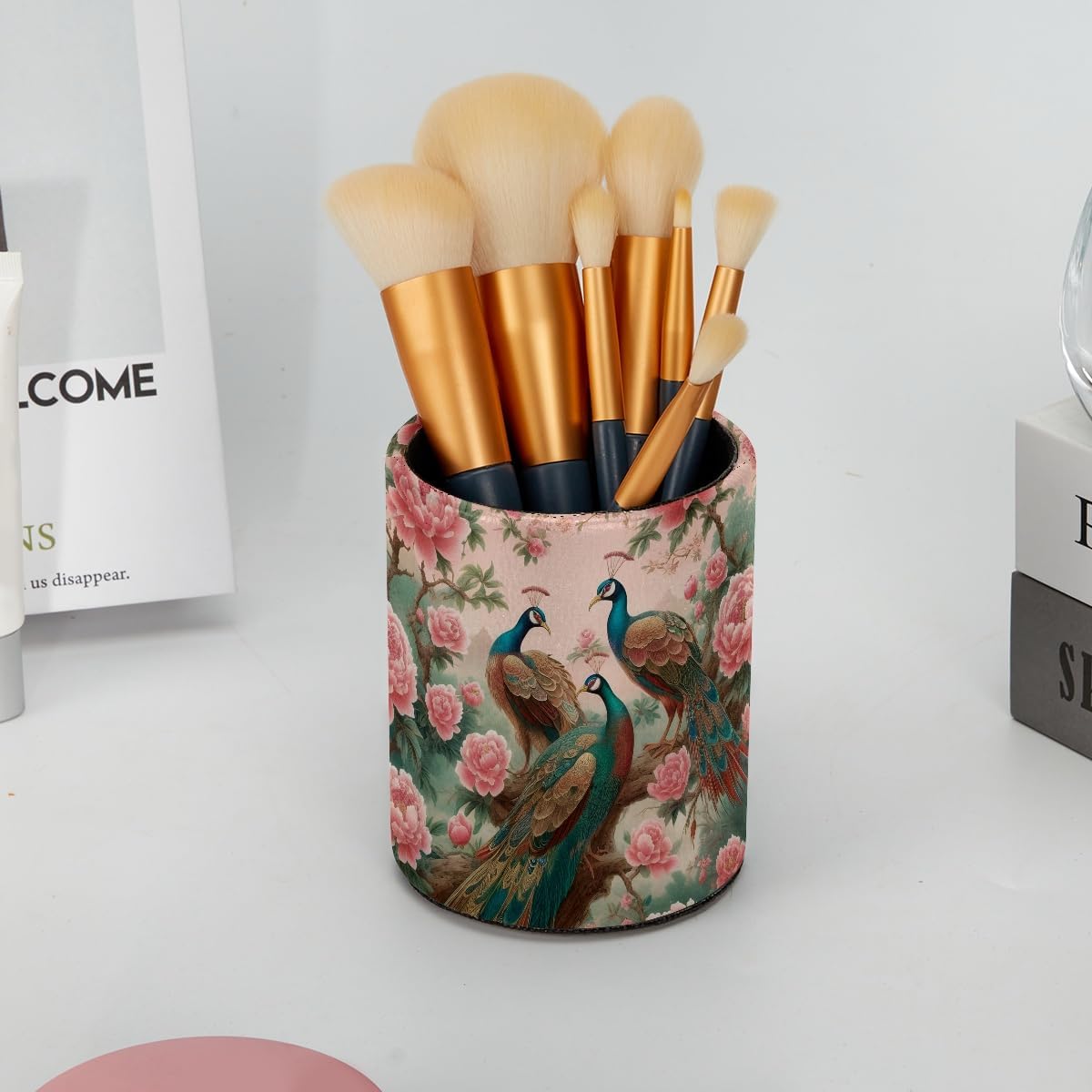 Leather Pen Holder for Desk, Love Cherry Pencil Organizer Pencil Cup Desk Decor Makeup Brush Holder Multifunctional Office Supplies for Home,Office, School