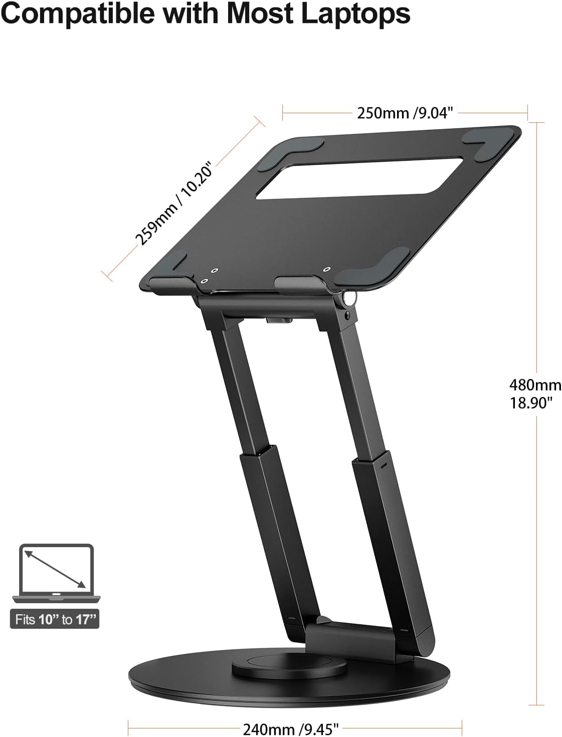 tounee Telescopic Laptop Stand for Desk with 360° Swivel Base, Sit to Stand, Height Adjustable, Portable Riser Holder for Good Posture, Compatible with MacBook Pro, All Laptops 10-17"-Gray