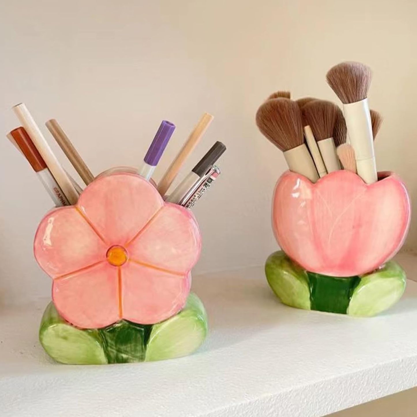 Pen Holder for Desk Cute Toothbrush Holder Tulips Vase Decor Aesthetic Pencil Holder for Office Makeup Brush Holder Yellow Kawaii Desk Accessories Home Decor Birthday Gifts for Women