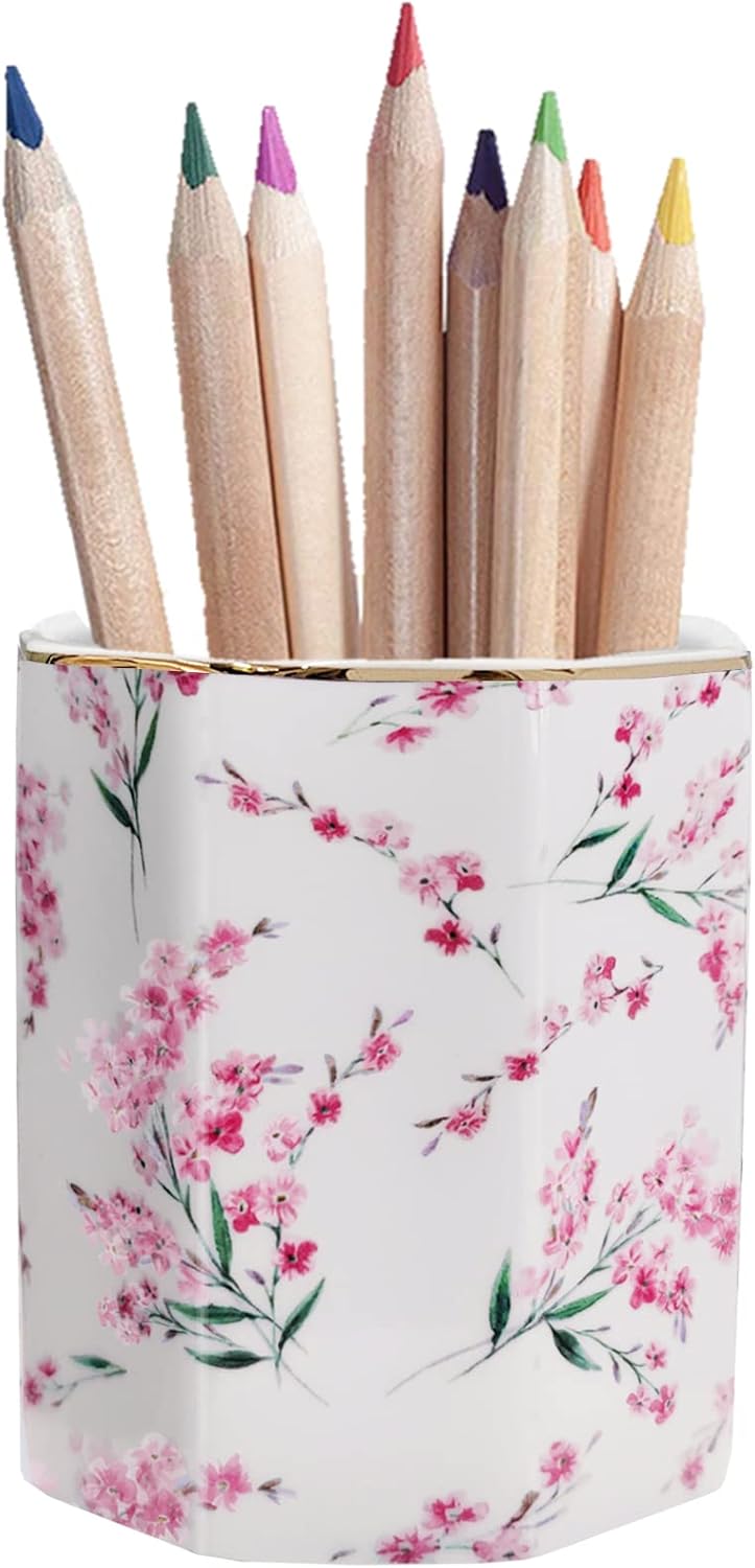 Pencil Holder for Desk Organizer,Ceramic Writing Utensil Storage Organizer Aesthetic Floral Pattern Pen Holder Pen Cup Makeup Brush Holder Creative Gift for Desktop Supplies,School Life Blue