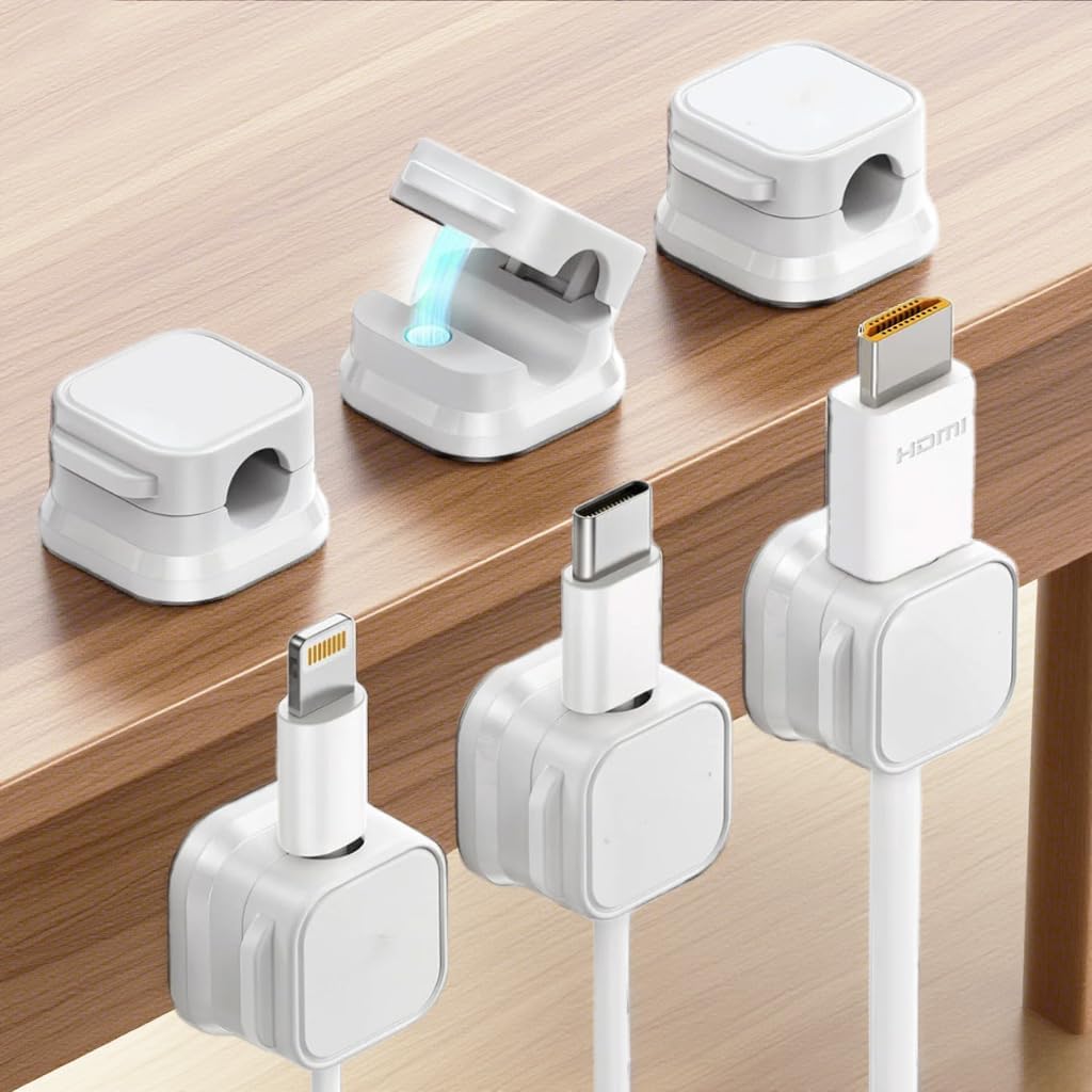 6 Pack Magnetic Adhesive Cable Clips - Spring Cord Organizer for Desk, Wall, Car & Office - Wire Management System