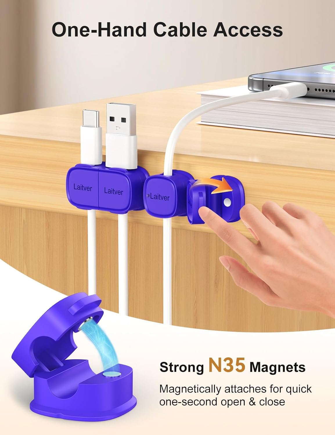 6 Pack Magnetic Cable Clips [1s Open/Lock], Laitver Cord Organizer Holder Strong Adhesive Desk Cable Management- Organize Charging Cords Neatly for Home, Office, Car,Desk, Nightstand
