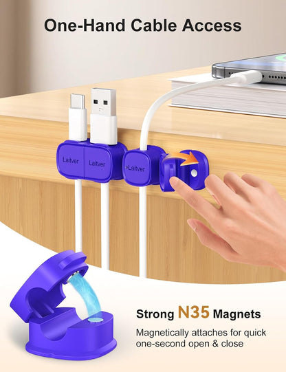 6 Pack Magnetic Cable Clips [1s Open/Lock], Laitver Cord Organizer Holder Strong Adhesive Desk Cable Management- Organize Charging Cords Neatly for Home, Office, Car,Desk, Nightstand