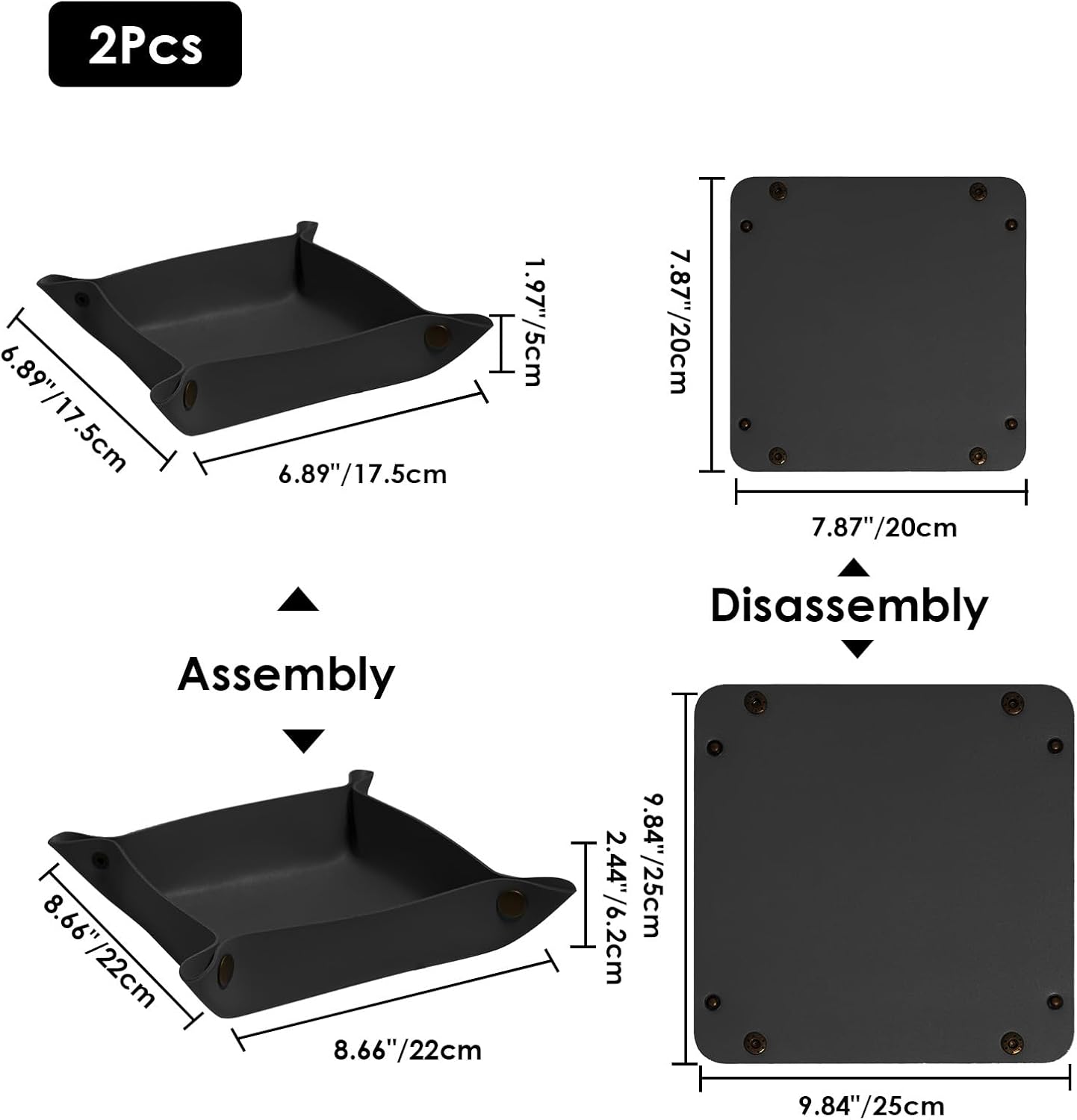 2 Pack (Size:9.84"&7.87") PU Leather Jewelry Valet Tray,Portable Entryway Table Nightstand Desk Tray Catchall Travel Plate Organizer for Phone, Keys, Wallet, Watch,Coin (Black)