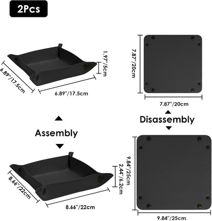 2 Pack (Size:9.84"&7.87") PU Leather Jewelry Valet Tray,Portable Entryway Table Nightstand Desk Tray Catchall Travel Plate Organizer for Phone, Keys, Wallet, Watch,Coin (Black)
