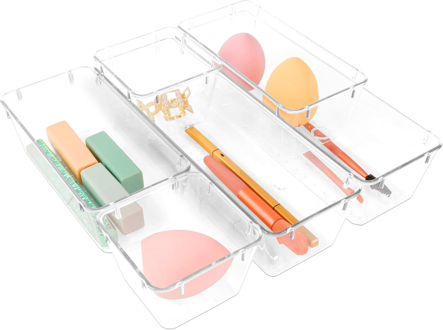Drawer Organizer with Non-Slip Silicone Pads Set of 15,Clear Plastic Vanity Organizer Storage Bins Containers,4 Size Desk Organizer Tray