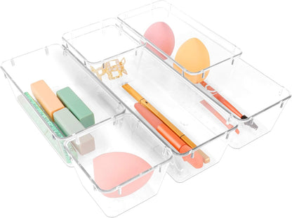 Drawer Organizer with Non-Slip Silicone Pads Set of 15,Clear Plastic Vanity Organizer Storage Bins Containers,4 Size Desk Organizer Tray