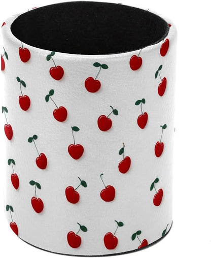 Leather Pen Holder for Desk, Love Cherry Pencil Organizer Pencil Cup Desk Decor Makeup Brush Holder Multifunctional Office Supplies for Home,Office, School