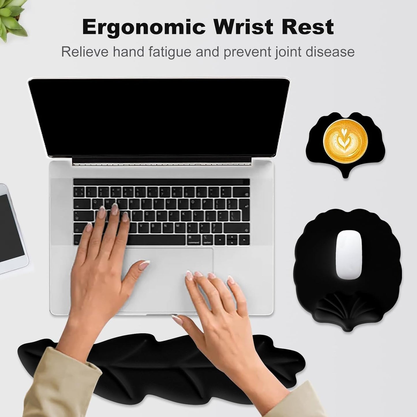 Keyboard Wrist Rest and Mouse Pad with Wrist Support Set, Ergonomic Leaf Shape Mouse Pad with Non-Slip Base, Pain Relief Memory Foam Mousepad for Computer,Laptop,Home Office, Green
