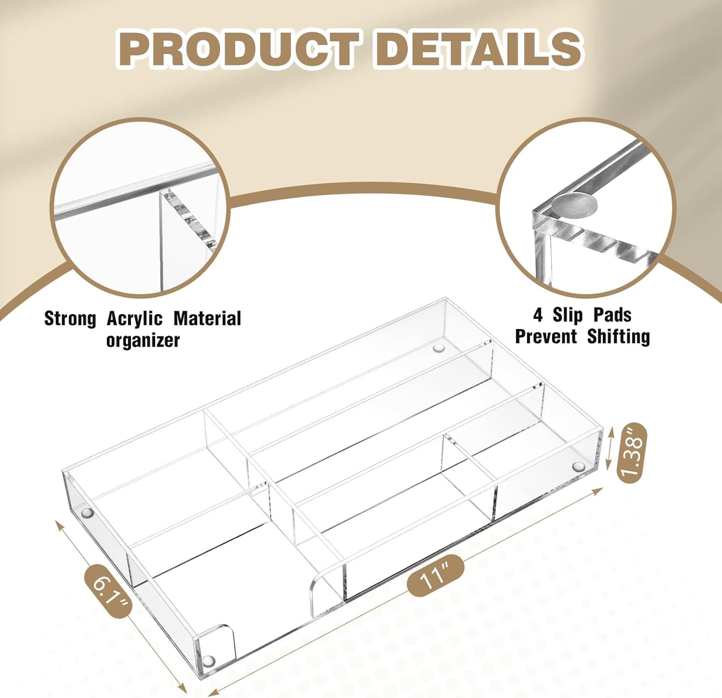 Briwooody Clear Acrylic Desk Drawer Organizer 11 x 6.1 x 1.38 Inch Storage Tray Organizer for Pens, Stationery, Desktop, Office, Bathroom, Kitchen, Makeup Supplies (6 Compartments)