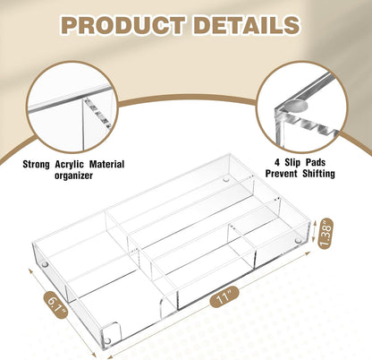 Briwooody Clear Acrylic Desk Drawer Organizer 11 x 6.1 x 1.38 Inch Storage Tray Organizer for Pens, Stationery, Desktop, Office, Bathroom, Kitchen, Makeup Supplies (6 Compartments)