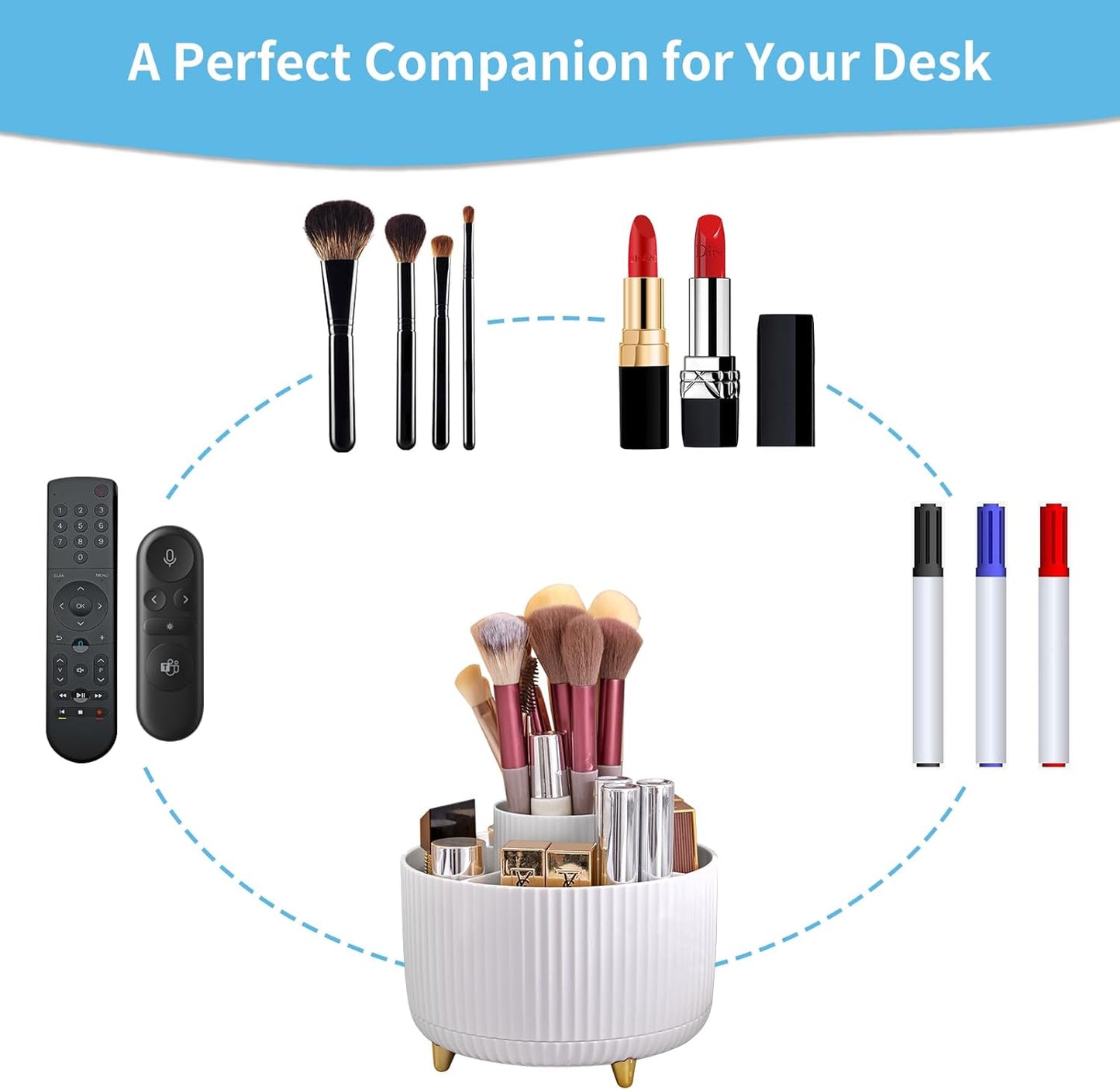 Marbrasse Desk Organizer, 360-Degree Rotating Pen Holder, Desk Organizers and Accessories with 5 Compartments Pencil Holder, Art Supply Storage Box Caddy for Office, Home（White）