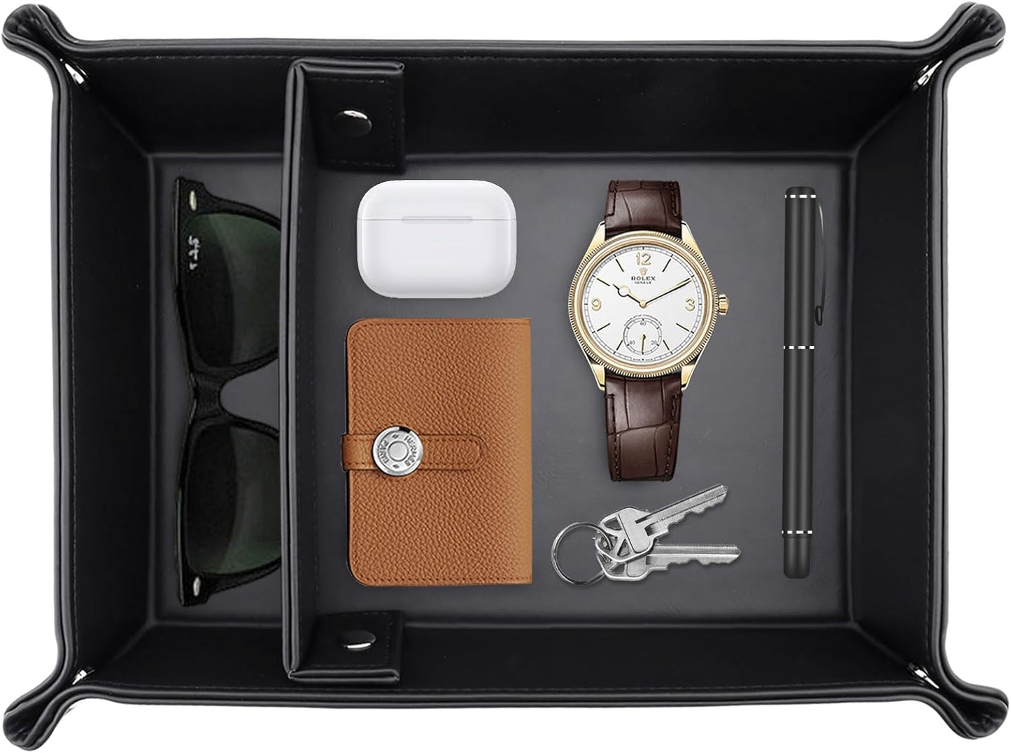 Leather Valet Tray for Men, 2 Compartments Key Tray Nightstand Organizer Vanity Tray Bedside Caddy Entryway Table Catchall Tray for Wallet, Watch, Phone, Coin, Jewelry, Black