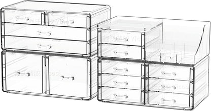 Cq acrylic Make Up Organizers for Vanity With 14 Drawers, 4 Pack Clear Drawer Organizers,Plastic Cute Desk Accessories Organization and Bathroom Organizers Storage Case Box Cube for Beauty,Skin Care