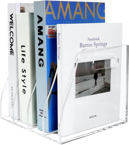 Acrylic Magazine File Holder, 4 Vertical Compartments Desk Document Sorter Organizer, Clear Bookend File Sorter Holder for Office, Documents, Tablets, Magazines, Books