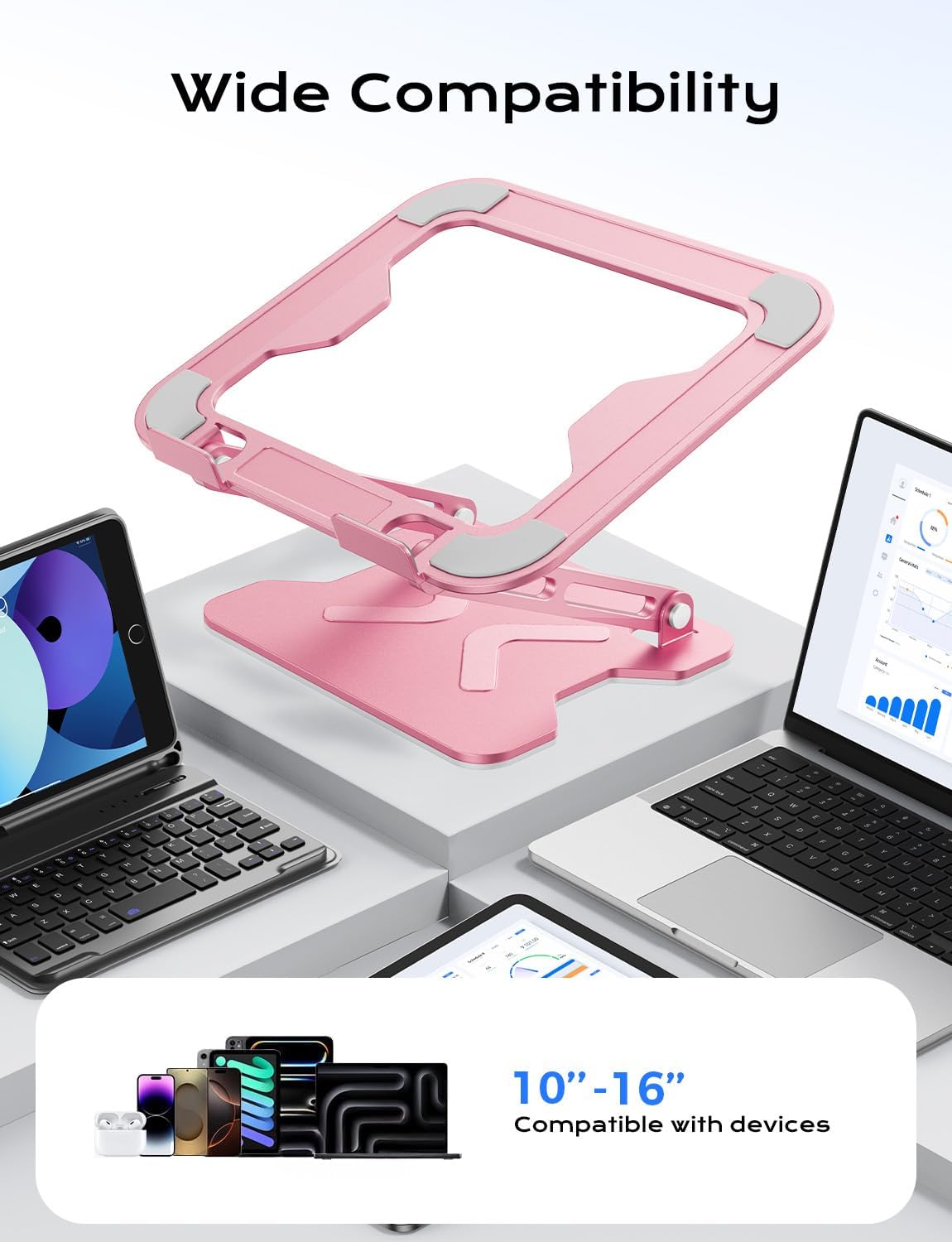 JCZT Adjustable Laptop Stand for Desk, Metal Foldable Laptop Riser, Portable Laptop Holder Mount, Ventilated Cooling Computer Notebook Stand for MacBook Air Pro, All 10-16'' Notebooks Laptops, Gold
