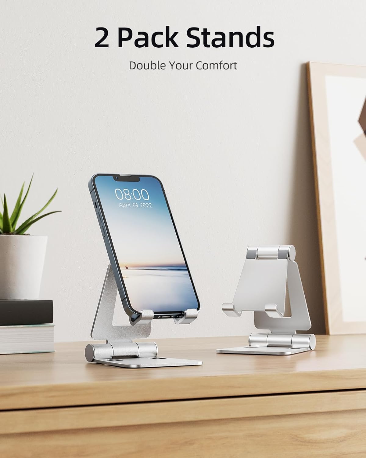 Nulaxy 2 Pack Fully Aluminum Dual Folding Cell Phone Stand, Adjustable Foldable Desktop Phone Holder for Desk Compatible with iPhone 17 16 15 14 13 12 11 Pro Max Xs Xr X 8, All Phones, Black & Silver